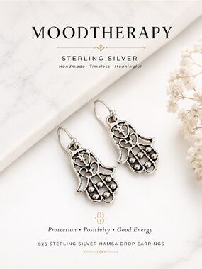 Moodtherapy 925 Sterling Silver Hamsa Drop Earrings Handmade Boho NWT